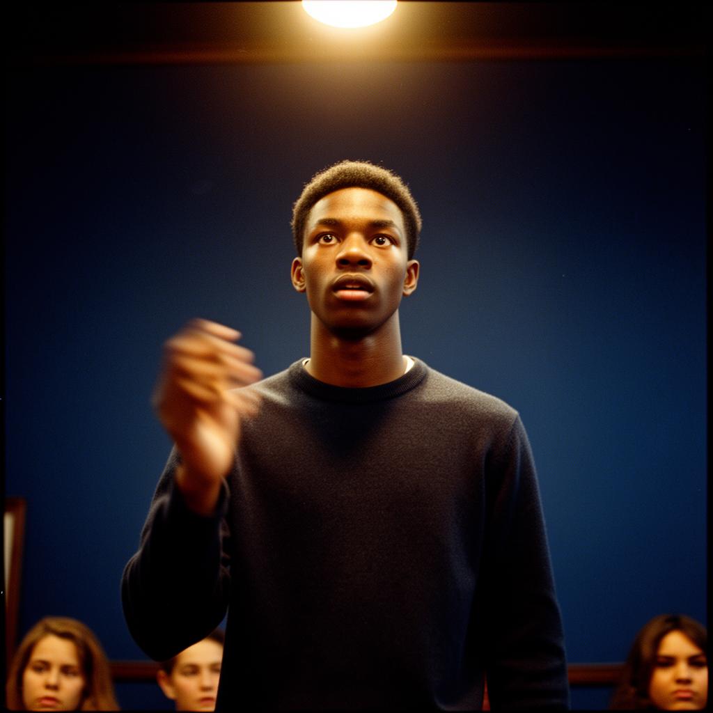 Student mid-gesture during debate under spotlight