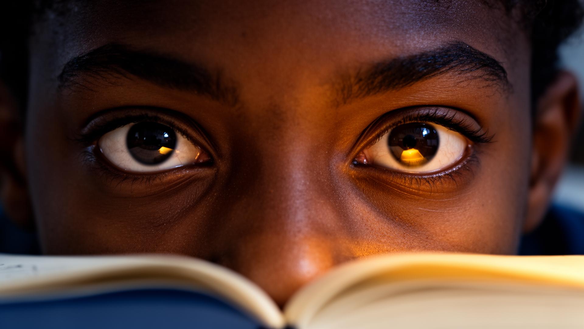 Close-up of a student's intensely focused eyes, lamplight reflecting in the iris