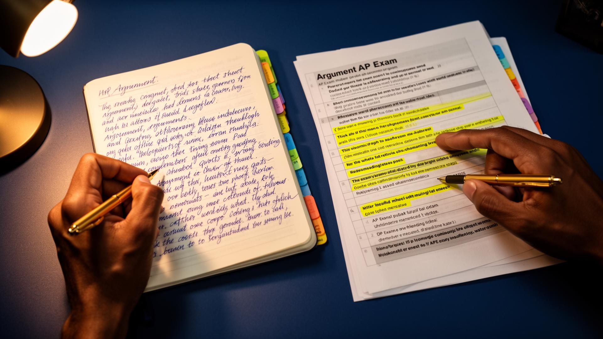 Hands annotating an AP exam rubric and writing dense argument analysis under warm lamp light