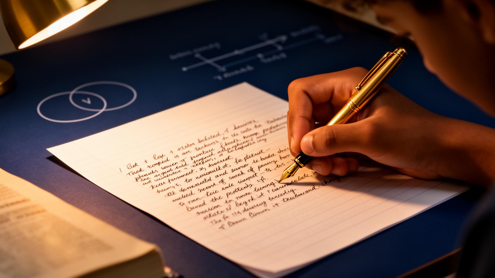 Hand holding a fountain pen mid-stroke under warm light