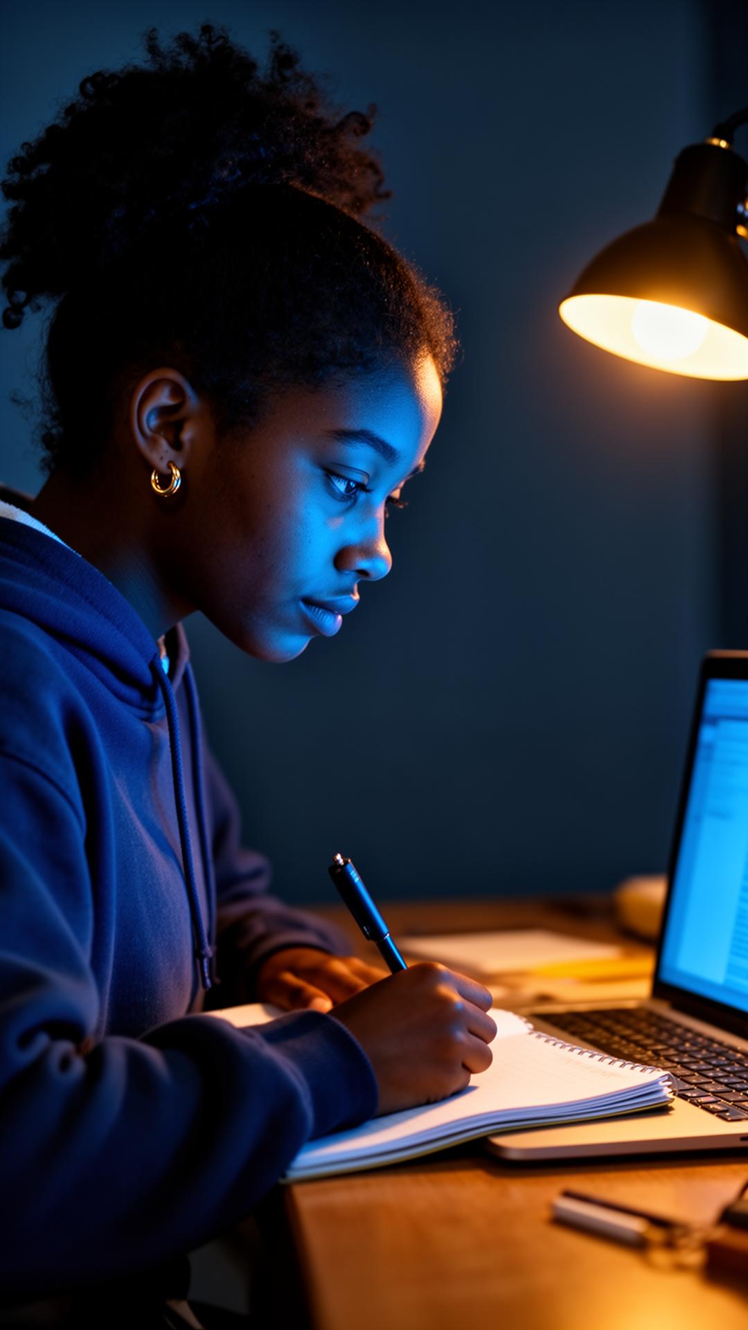 Student writing in profile, lit by laptop glow and warm desk lamp
