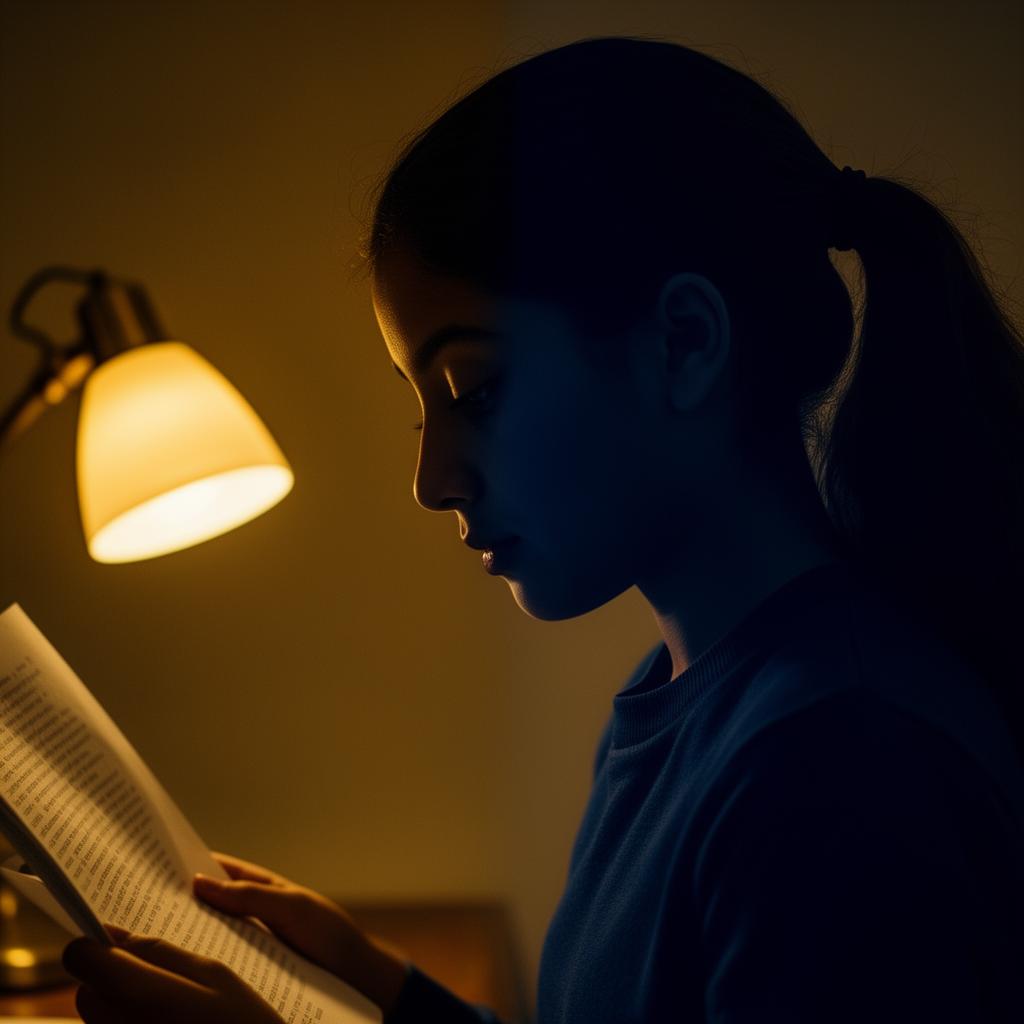 Student reading by warm lamplight, half-shadowed profile