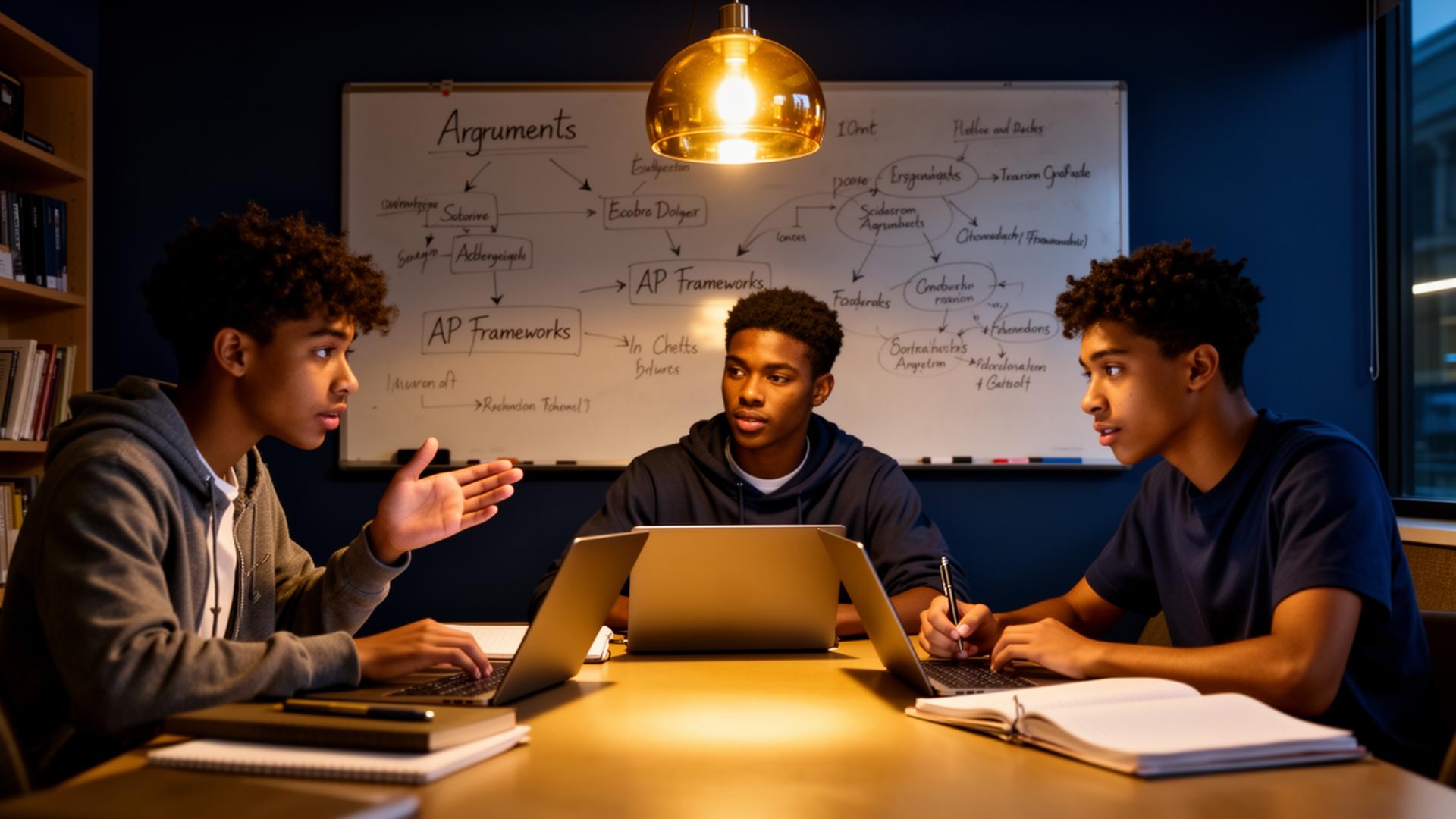 Three students in a late-night strategy session around a whiteboard of frameworks